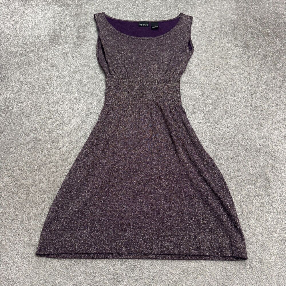 Kersh Gold Metallic Sparkle Knit Smocked Waist A-Line Dress Womens Small Purple